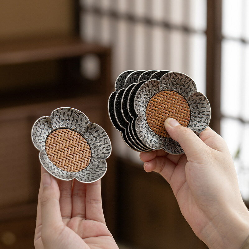 コースター カップトレー 竹 籐 ラタン 蓮 亜鉛合金 花模様 茶托 カップトレー 耐熱 断熱 滑り止め 和..