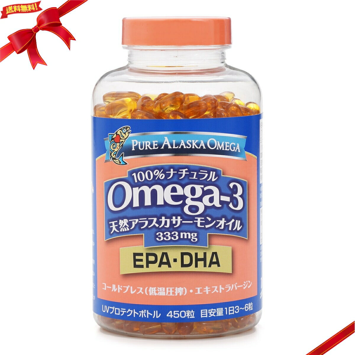 トライデント オメガ3 天然アラスカサーモンオイル 333mg 450 粒 Trident Omega3 Alaska Salmon Oil 333mg 450 Count ・1日目安量：3 ~ 6 粒 （約75〜150日分） ・コールドプレス製法によるエキストラバージンオイル ・天然由来のビタミンA, E, D, アスタキサンチンによる美容効果 ・オメガ3脂肪酸による健康増進 ピュアアラスカオメガ3 サーモンオイルは、広大なアラスカの海を回遊する天然のアラスカサーモンだけを一度も冷凍せず鮮度を維持したまま使用し化学処理による精製や高温処理で変質させることのなく、コールドプレス(低温圧搾)で抽出した純粋な鮭の油です。クリーンでエサも豊富なアラスカの海で育った天然サーモンの油には、人の体では作ることのできないEPAやDHAに代表されるオメガ-3脂肪酸のほかに酸化を抑えるといわれるアスタキサンチンが豊富に含まれます。 特徴その他剤型タイプ粒分類その他の健康食品