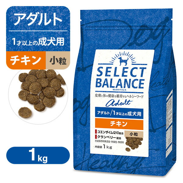生後1才以上の成犬に必要な栄養をバランスよく配合した総合栄養食。 日本で暮らす愛犬のために。 「完全室内飼育」「小型化」 ーー 欧米とは大きく違う、独自の環境で暮らす日本のワンちゃんたちのために作られたドッグフードです。 たとえば、過剰な油分は日本で暮らすワンちゃんにとって肥満や皮膚トラブル等の原因になる場合があります。だから、セレクトバランスは油は少なめに仕上げています。 なによりワンちゃんの健康を第一に。それがセレクトバランスに込めた想いです。 セレクトバランス アダルト チキンは、成犬の暮らしに必要なタンパク質、脂肪、ビタミン類、ミネラル類などの栄養成分基準を満たし、毎日の生活をサポートします。 ●良質なチキンを使用し、独自の製造方法により、良好な嗜好性を実現。 ●オメガ6脂肪酸とオメガ3脂肪酸および亜鉛を配合し、お肌の健康を維持します。 ●オリゴ糖を配合し、健康な便とお腹の健康維持をサポート。 ●適切なレベルのカルシウムとリンやミルクプロテインを配合することで、歯と骨の健康維持をサポート。 ●関節機能の健康に配慮して、グルコサミン、コンドロイチンを配合。 ■原材料：乾燥チキン、とうもろこし、米、玄米、ソイビーンミール、鶏脂(オメガ6脂肪酸・オメガ3脂肪酸源)、ビートパルプ、チキンエキス、乾燥卵、キャノーラ油(オメガ6脂肪酸・オメガ3脂肪酸源)、乾燥ミルクプロテイン、ビール酵母、クランベリー、フラクトオリゴ糖、グルコサミン、コンドロイチン、コエンザイムQ10、ビタミン類（A、D、E、B1、B2、B6、B12、ナイアシン、パントテン酸、葉酸、ビオチン、コリン）、ミネラル類（カルシウム、リン、カリウム、ナトリウム、クロライド、硫酸亜鉛、鉄、銅、マンガン、セレン、ヨウ素）、酸化防止剤（ミックストコフェロール、クエン酸、ローズマリー抽出物） ■保証成分：たんぱく質 22.0％以上、脂肪 13.0％以上、粗繊維 5.0％以下、灰分 8.0％以下、水分 10.0％以下、カルシウム 0.6％以上 2.5％以下、リン 0.5％以上 1.6％以下、メチオニン 0.33％以上 1.0％以下 ■代謝エネルギー：350kcal/100g ■原産国：アメリカ ■給与方法・ご注意事項 成犬には1日につき給与量の表を参考に、年齢、季節や活動量にあわせて調整して与えて下さい。 よく検索されるキーワード ｜ 成犬　小型犬　ドッグフード　ドライフード　ペットフード　総合栄養食　小粒　鶏肉