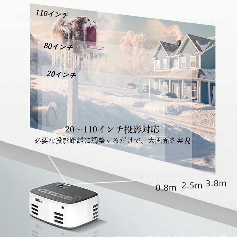 プロジェクター 小型 家庭用 手動補正 android iPhone 1080p ホームプロジェクター 本体 天井投影 最大110インチ投影 スピーカー付き シ