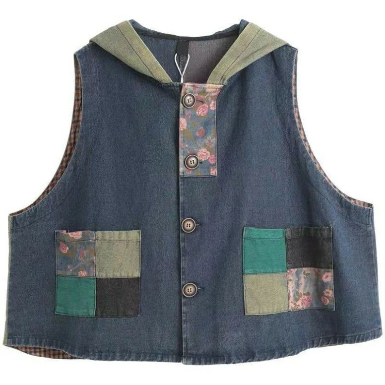 ジレ デニム レディース 大きいサイズ 体型カバー フード付き レトロ 前開き 韓国スタイル