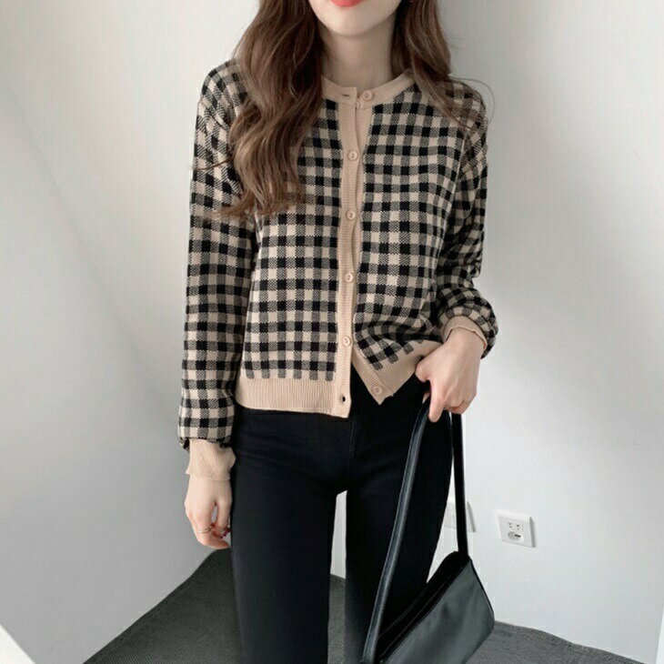 乐天商城 - 格子柄ニットセーター ニットカーディガンセーター きれい目セーター 大人セーター 大人ファッション 大人コーデ アラ 韓国insファッション 大人可愛いコーデ ワンマイルコーデ