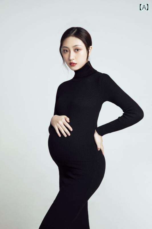 妊婦 フォト 衣装 マタニティ おしゃれ ファッション 写真 撮影 スタジオ 魅惑的 スリム 黒 セーター ニット フリーサイズ スカート ワンピース ブラック