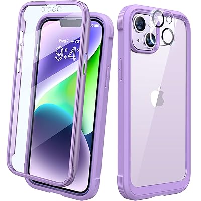 iPhone14 用 ケース 6.1インチ バンパーケース 画面保護フイルム付き 背面クリア PC+TPU 全面保護 紫 ワイヤレス充電対応 両面