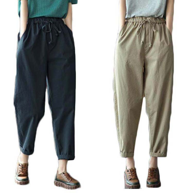 Rakuten - ロングパンツ レディース コットン パンツ 春秋 カジュアルパンツ ハイウエスト 無地 ロング丈 裾絞りウエストタックパンツ ウエスト紐 着痩せ ゆ カジュアル お洒落 ジーンズ