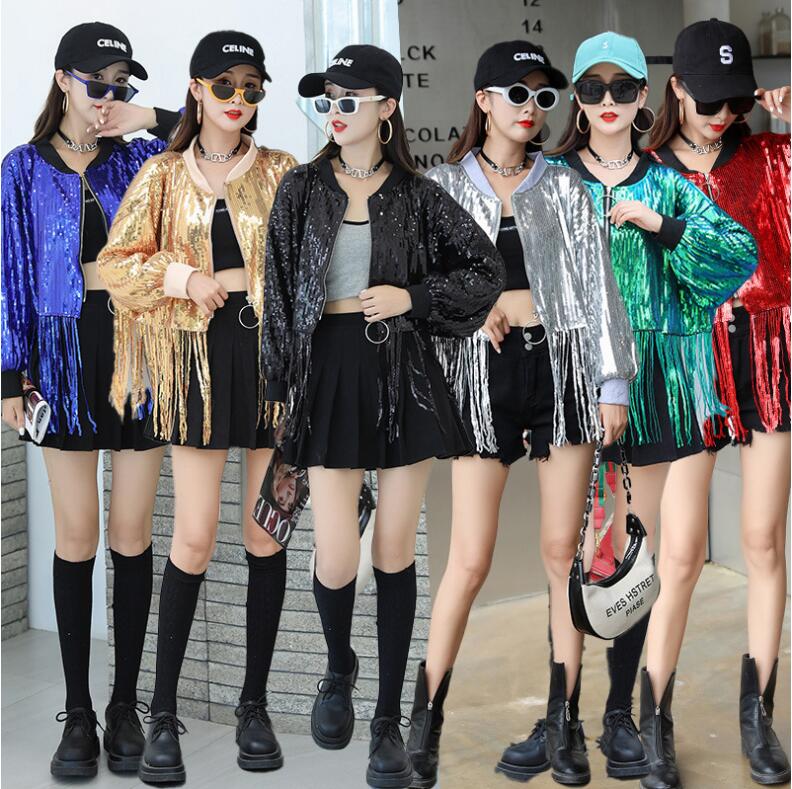 スパンコール ジャケット レディース チアダンス衣装 欧米風 きらきら 長袖 演出服 ジャズダンス衣装 ゆったりがルーズ 舞台 ステージ衣装 裾フリンジ 歌手 夜店 余 運動会 部活 クラブ
