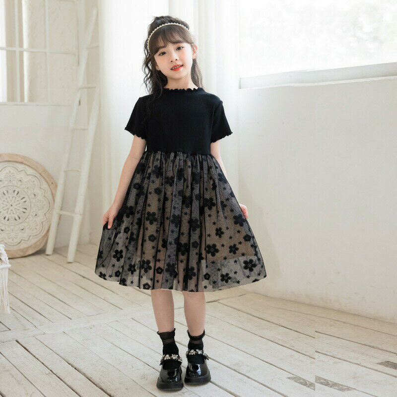 乐天商城 - キッズ ワンピース 半袖 黒 子供服 女の子 可愛い 大きいサイズ 韓国子供服 おしゃれ 小学生 中学生 高校生 きれいめ 通学 通園 幼稚園 中学校 小学校 14 130cm 120cm