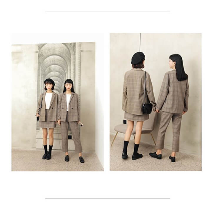 2C14 ジャケット＆スカート 2点セットアップ チェック柄 オシャレ OL ジャケット パンツセットアップ スカートセットアップ Aライン ハイウェスト 上下セ ゆったり セットアップ 2