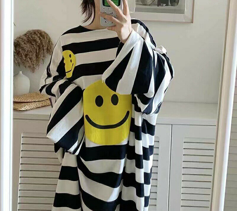 レディース Tシャツワンピ ロングワンピース スマイル柄 春夏 ゆったり 大きいサイズ LWDA228 ボーダー柄 長袖 2