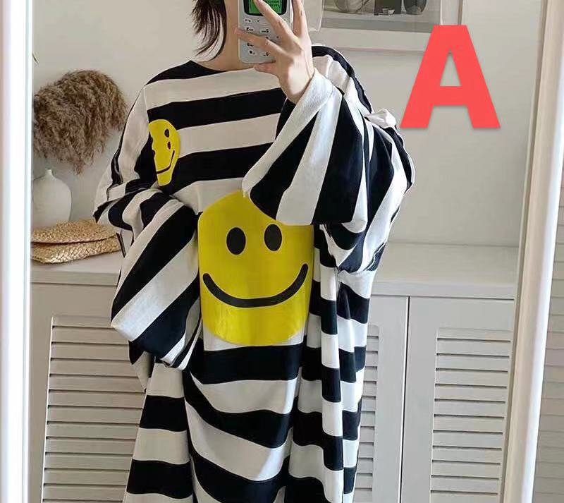 レディース Tシャツワンピ ロングワンピース スマイル柄 春夏 ゆったり 大きいサイズ LWDA228 ボーダー柄 長袖 3