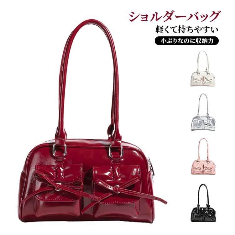 ショルダーバッグ レディース 小さめ リボン 横長 ミニボストン トートバッグ バレエコア 可愛い おしゃれ PUレザー 軽量 肩掛け バッグ ブラック シルバー 通学 通勤 レッド