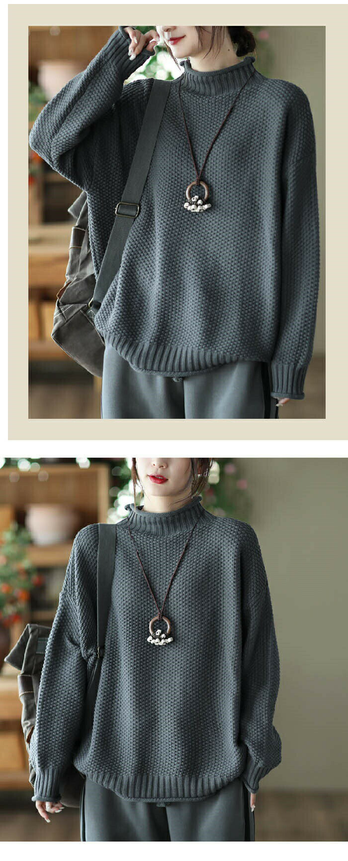 映せば 楽天市場店のセーター ニットセーター レディース ハイネック 秋 冬 長袖 ニット トップス カットソー きれいめ お洒落 フェミニン 着回し シンプル カジュアル オシ 暖かい ゆるニット 体型カバー｜アングル2