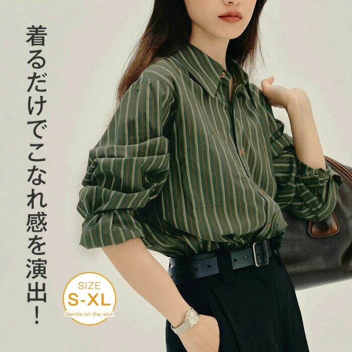 Blouses - シャツ ブラウス 長袖 レディース 春秋 ストライプシャツ トップス 長袖シャツ ストライプ スーツ 重ね着 お洒落 ゆったり 大きいサイズ 体型カバー 通勤O ビジネス シンプル 着痩せ