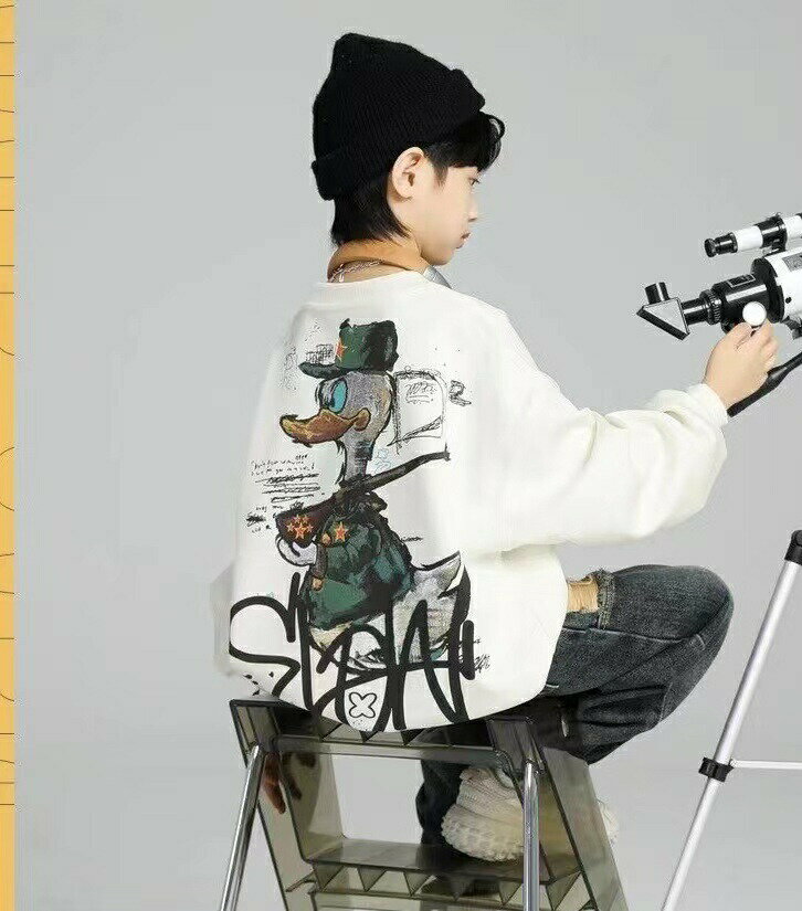 Print - トレーナー Tシャツ 長袖 薄手 キッズ プリント 子供服 トップス カジュアル 男の子 アニマル柄 白いトレーナー 黒のトップス 黒トレーナー 可愛 ゆったり 春秋 子供スウェット