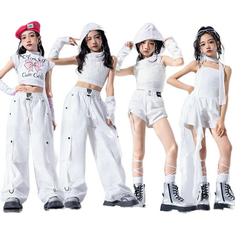 キッズ ダンス 衣装 白 パンツ へそ出し トップス セットアップ 女の子 短パンツ カーゴパンツ かっこいい 韓国 k-pop衣装 ジャズダンス チ 袖なし アームカバー ヒップホップ
