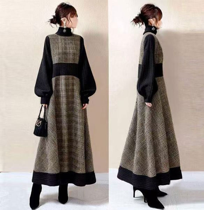 Rakuten - ワンピース 長袖 ロングワンピース パフスリーブ レディース 春 秋冬 ロング丈 マキシ ロング リブ ハイネック きれいめ