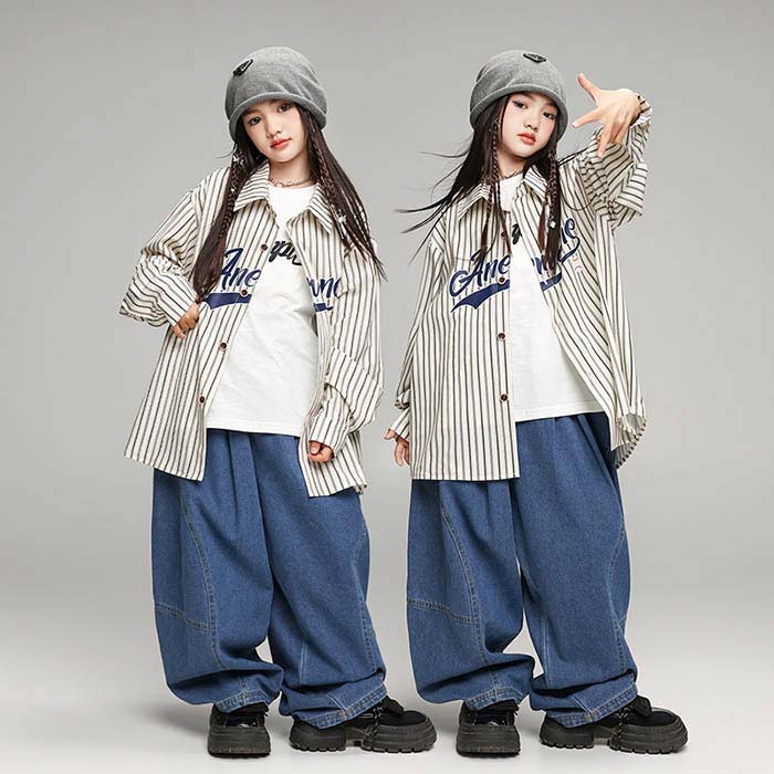 ダンス衣装 セットアップ キッズ ジャズ 女の子 男の子 長袖 シャツ 前開き デニム...