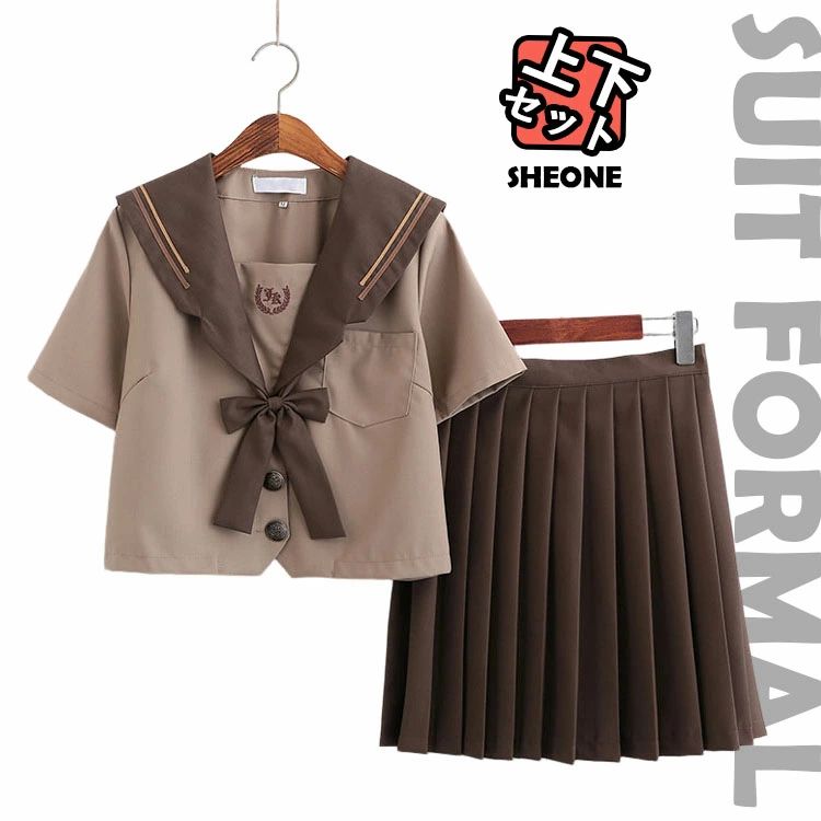 乐天商城 - なんちゃって制服 セーラー服 入学式 卒業式 スーツ 女の子 制服 セット 高校生 中学生 セーラー襟 ブラウン ブラウス スカート プリーツスカート 卒服 リボン 長袖 フォーマル