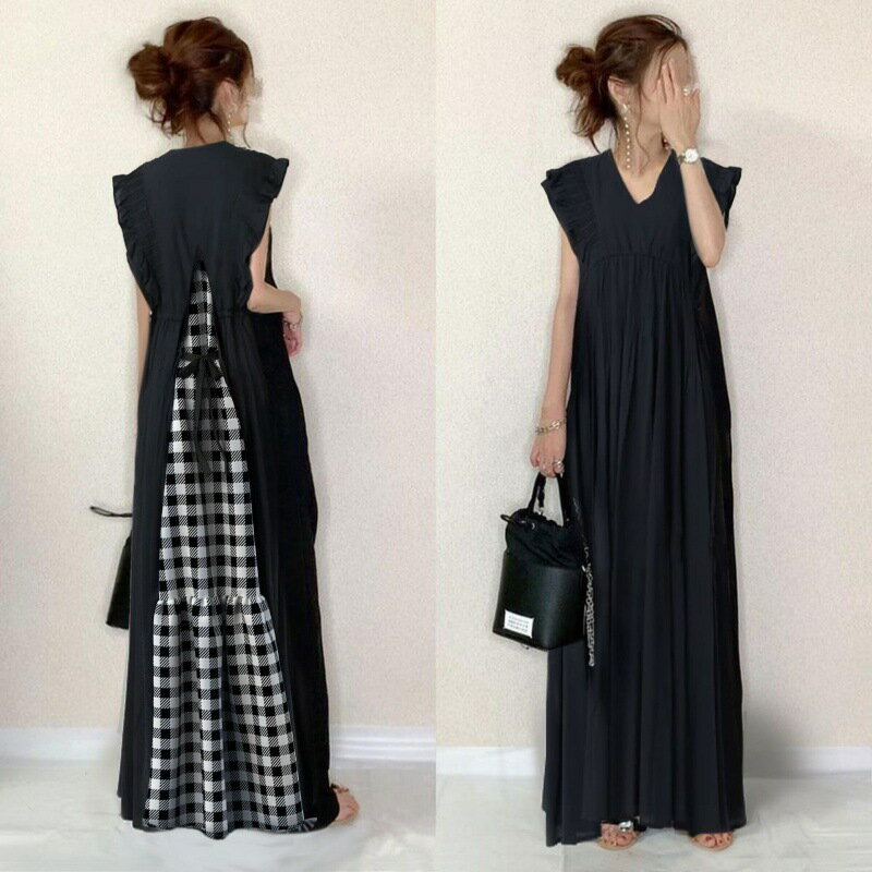 Rakuten - ワンピース 夏 レディース 黒 マキシワンピース ノースリーブ 黒ワンピース 秋服 aライン vネック ロング 春 きれいめ 着痩せ カジュアル コーデ 体型カ 黒ワンピ アウター フォーマル