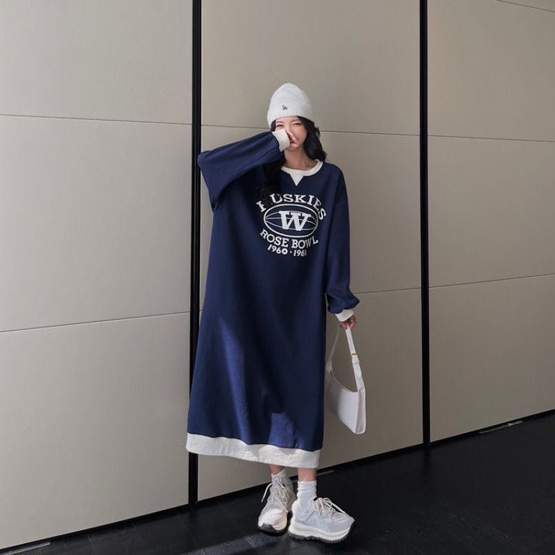 樂天商城 - おしゃれワンピース パーカーワンピース 大きいサイズ レディース ゆったり ロング 切り替え ロング丈 ルームウェア 部屋着 冬 ロング丈ワンピ スウェットワンピースレディース