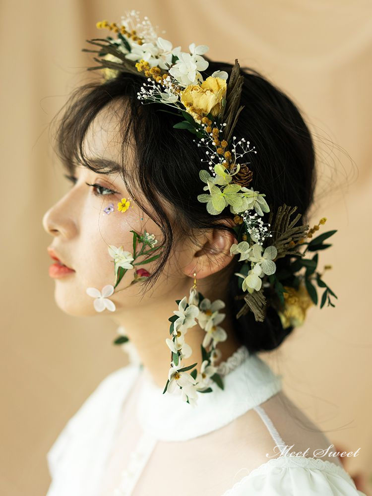 花かんむり ピアス イヤリング 花冠 手作り ウェディング ヘッドドレス 造花 髪飾り 大人用 リゾート 花嫁 二次会 結婚式 挙式 演奏会 写真撮り