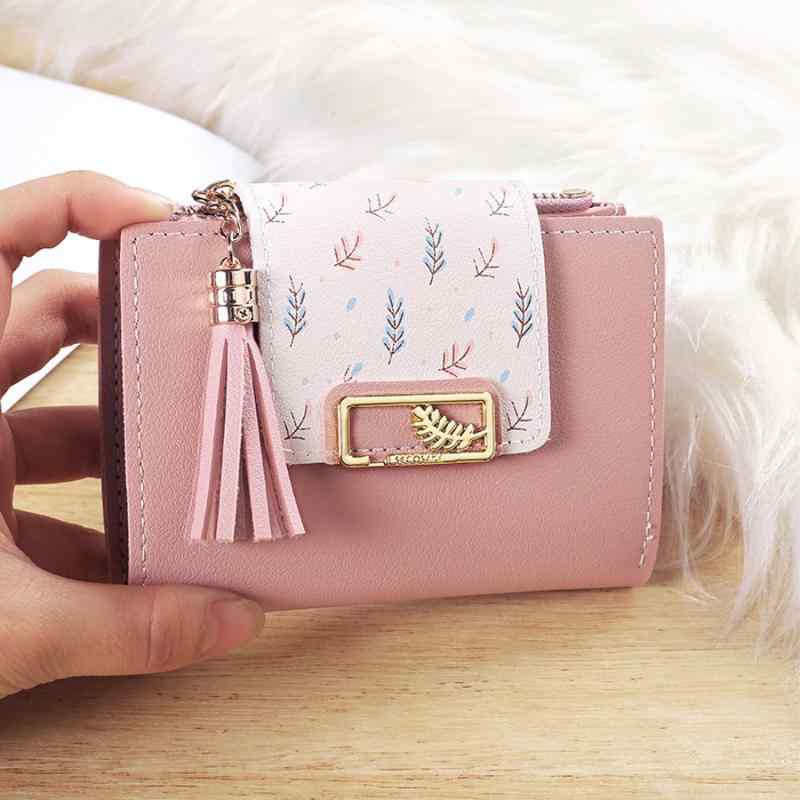 Wallets （No Coin Pocket） - ミニバッグ レディース ピンク 花柄 葉柄 フリンジ チャーム ショート 財布 カードケース 小銭入れ 合成皮革 防水 普段使い かわいい コンパクト おしゃれ 韓国