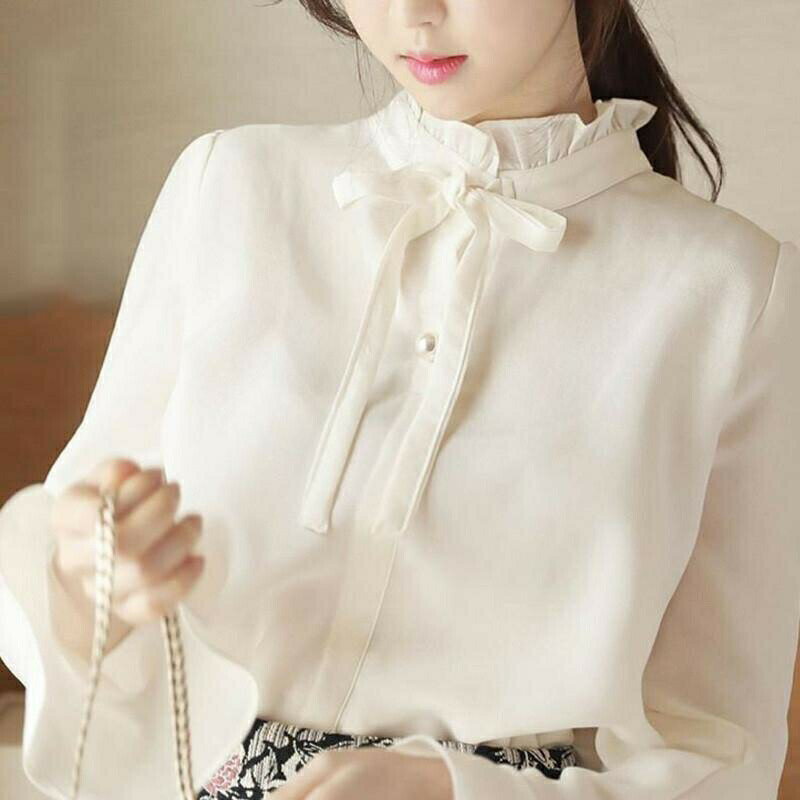 Blouses - リボンブラウスレディース襟フリル長袖おしゃれ白ピンク可愛いかわいいリボンタイシャツ秋冬春立ち襟スタンドカラー春服演奏会フォーマル