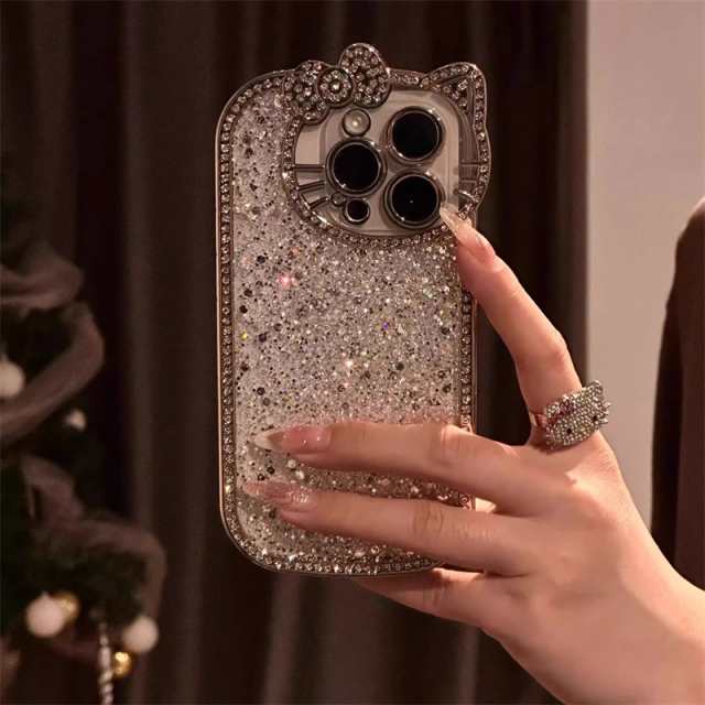 キティ 猫柄 スマホケース キラキラ シルバー iphoneケース iphone16 iphone1 ...