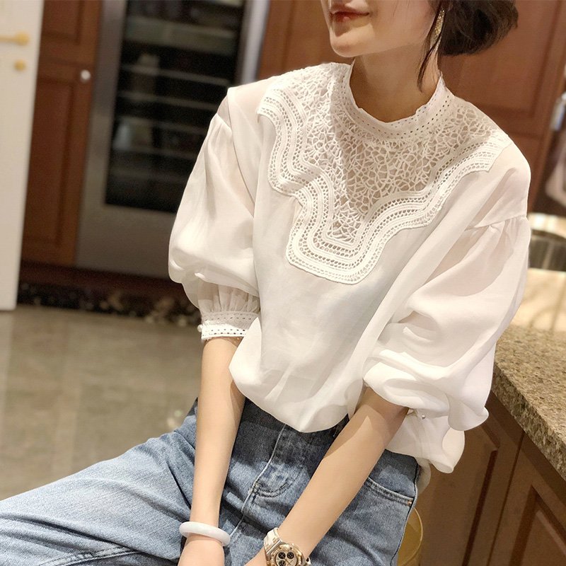 Blouses - ブラウス レディース 40代 秋新作 オシャレブラウス 白Tシャツ 長袖トップス 白レースブラウス パフスリーブ 大人 上品 韓国風 キレイめ エレガント 50代人気新作 大きいサイズシャツ