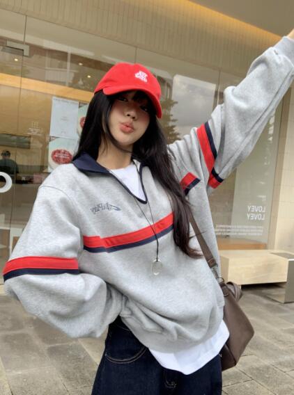 Other - ユニフォーム風ロゴ ポロ長袖トップスカットソートレーナーグレーレッド長めダンス衣装ヒップホップHIPHOPレディースメンズガールズストリート韓国おしゃれ奇抜派手大人個性的