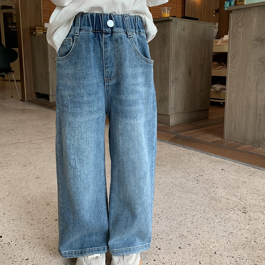 樂天商城 - 子供服 子ども服 こども服 キッズ デニム ワイドパンツ ジーパン ハイウエスト ロングパンツ 長ズボン ボトムス 女の子 ガール 男の子 ボーイ カジュアル ゆったり 韓国 90 80cm ジュニア