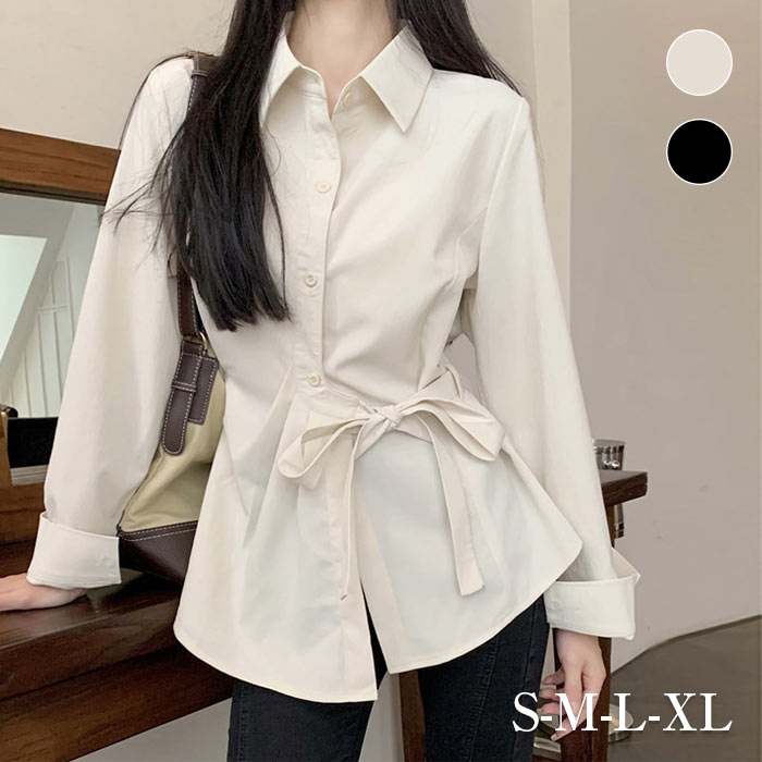 Blouses - シャツ レディース トップス 長袖 きれいめ リボン ブラウス オフィス シンプル ベージュ ブラック ファッション 無地 ゆったり 着痩せ 大人 O おしゃれ 通勤