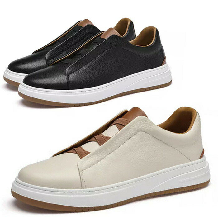 樂天商城 - スニーカー メンズ ローカット クロスバンド ゴア 本革 紐なし カジュアルシューズレザー ブラック 4cm ゴム ホワイト