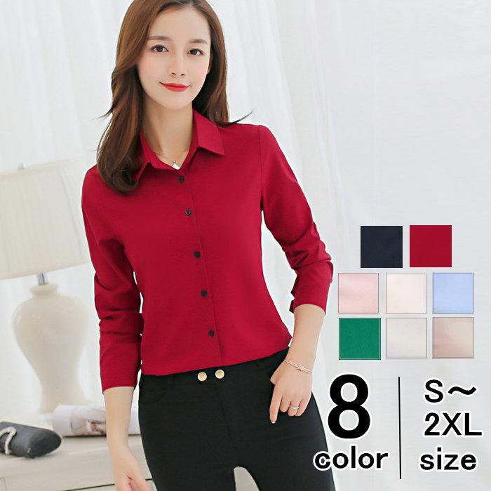 Blouses - シャツブラウス レディース シフォン 長袖 シャツ 無地 トップス スキッパーシャツ Yシャツ 仕事 通勤 OL 通学 オフィス ビジネス シンプル S M L XL 2XL 春夏 おうちコー 冬 秋
