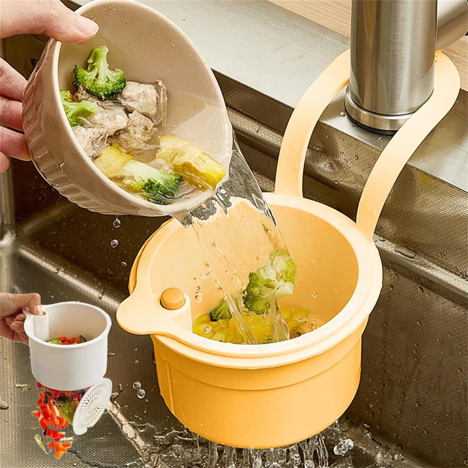 樂天商城 - シンクストレーナーバスケット セルフクリーニング キッチン 食品廃棄物キャッチャー ボタン開閉蓋付き 取り外し可能な排水バスケット 家庭 コンパクト お手入れ簡単 便利 生ゴミ