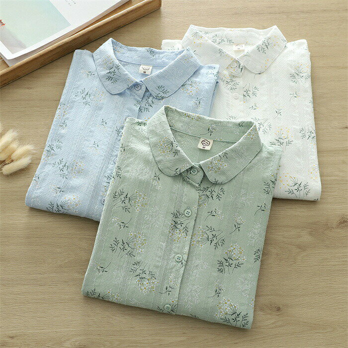 Blouses - シャツ 花柄シャツ レディース 春秋 綿シャツ 綿100％ 小花柄 長袖 ナチュラル 可愛い コットン 森ガール シャツブラウス トップス 前開き レイヤー 着?せ 体型カバー ゆったり