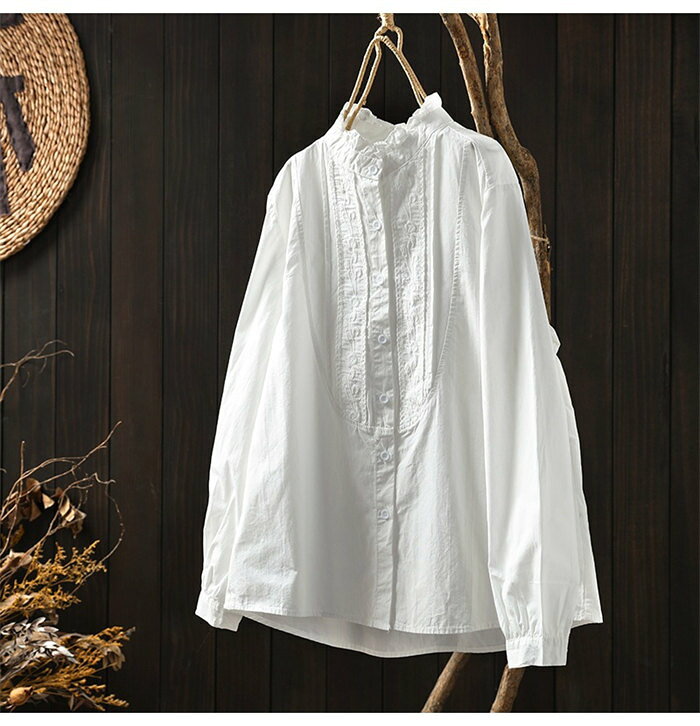 映せば 楽天市場店のシャツ ブラウス レディース 長袖 トップス フリル襟ブラウス 綿混 レース コットン スタンドカラー 通勤 ビジネス オフィスカジュアル 春 夏 秋 冬 フォ キレイめ 大人可愛い｜アングル3