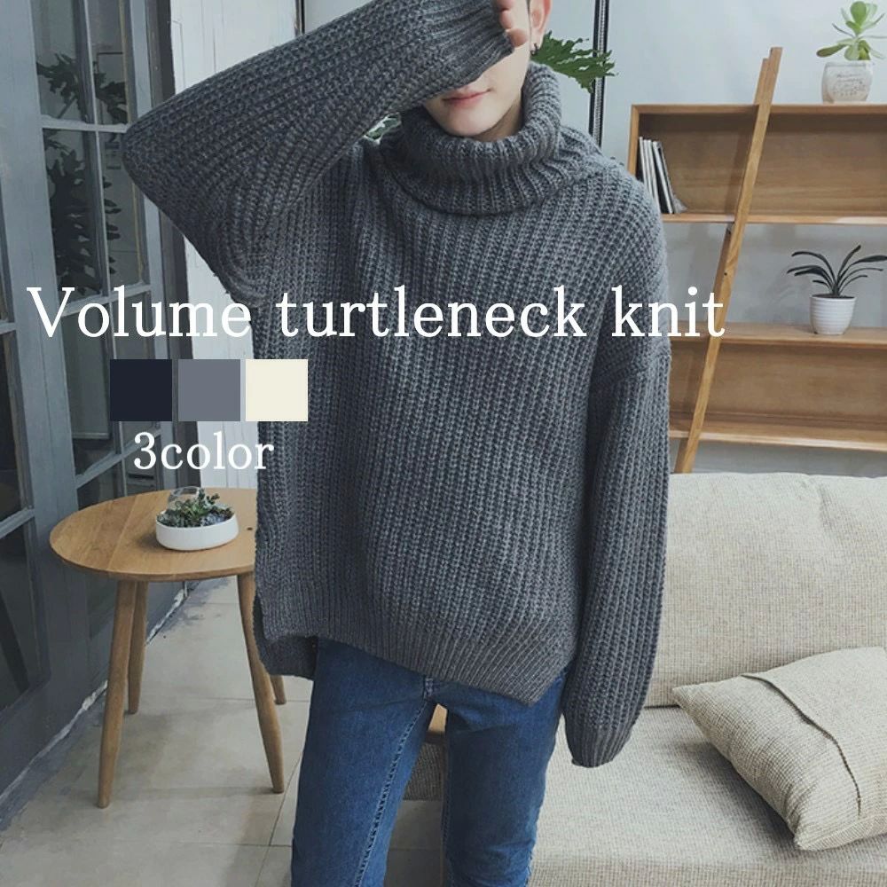 モード系 綿 タートルネック 冬 厚手 ブランド 白色 チェック リブ サイズ メンズ ボリュームタートルネックニット トレーナー