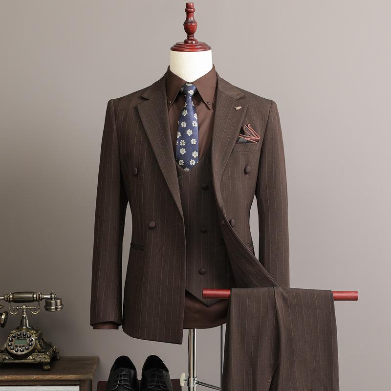 メンズスーツ スリーピース セットアップ ブリティッシュスタイル ビジネス フォーマル ダブルブレスト ノッチドラペル スリムフィット 防シワ ポリエステル