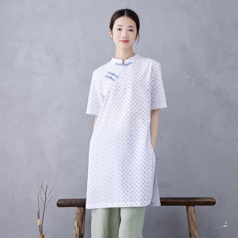 チャイナドレス レディース 綿 塩縮加工 小魚プリント スタンドカラー 半袖 ショート丈 ワンピース ゆ..