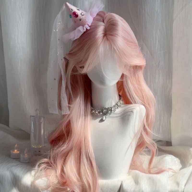ウィッグ レディース ロングヘア 巻き髪 ローズピンク フルウィッグ 自然 耐熱ファイバー 普段使い お..