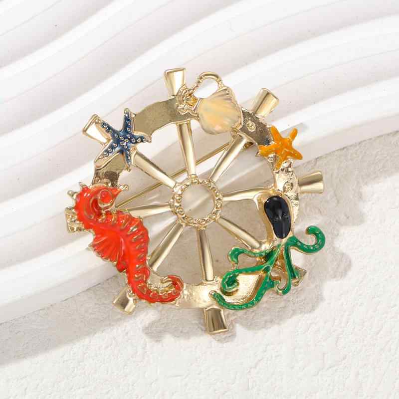 ブローチ 男女兼用 欧米風 個性的 ユニーク マリンモチーフ タツノオトシゴ タコ 船舵 エナメル加工 亜..