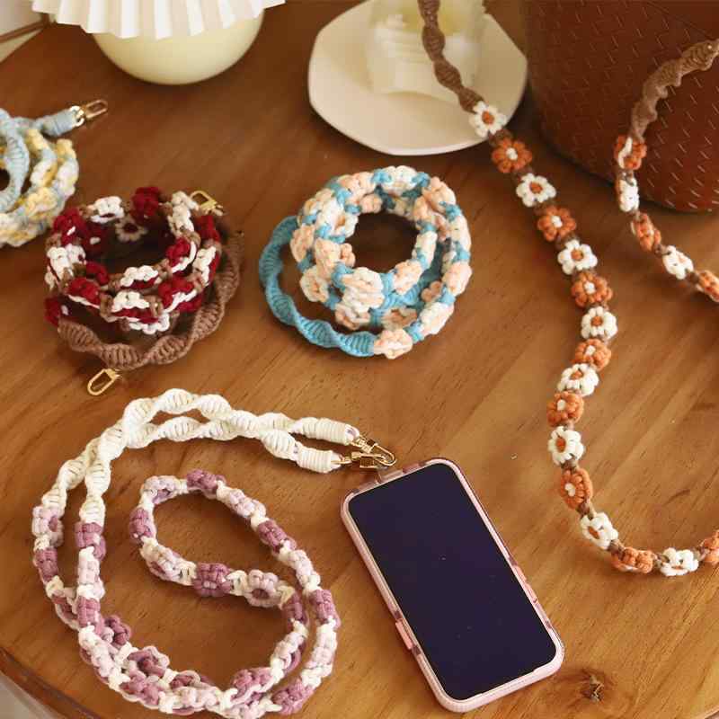 スマホショルダー ミニバッグ ポーチ キーホルダー 手編み ハンドメイド コットン 綿 デイジー フラワ..