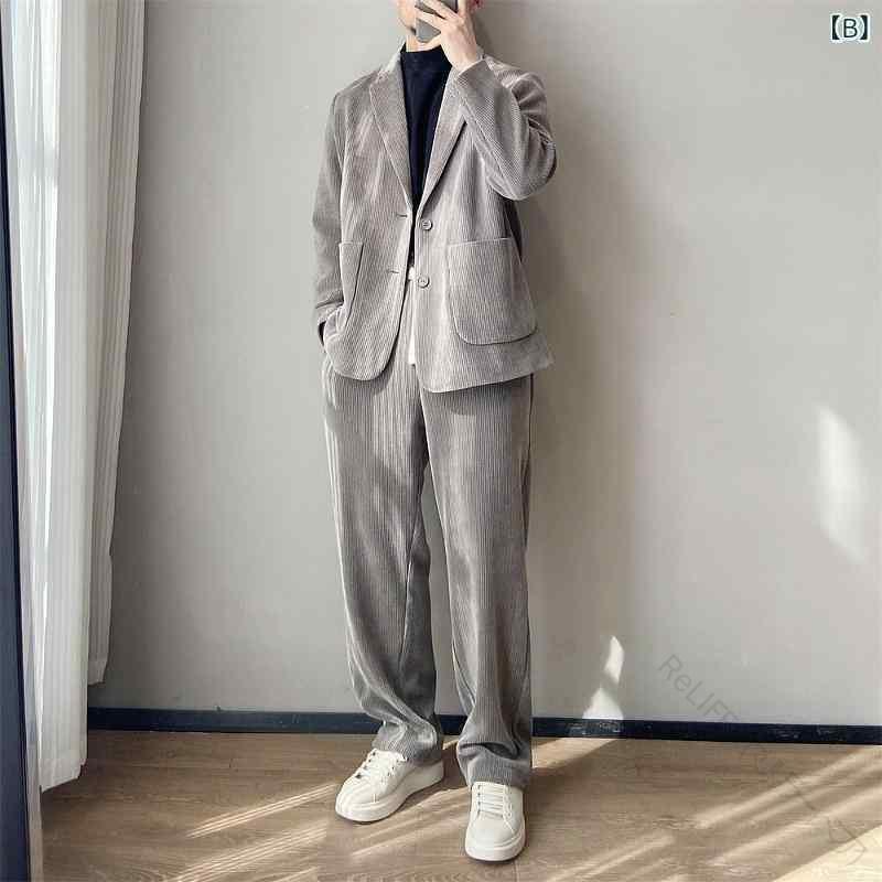 Trousers, Bottoms - メンズスーツ コーデュロイセットアップ ビジネスカジュアル 秋冬ジャケット 防寒ストライプ オフィスコーデ ビジネスファッション 高品質素材 おしゃれ着心地