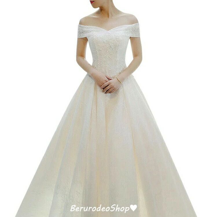 ウェディングドレス オフショルダー ブライダルドレス 花嫁ドレス レース ロングドレス 結婚式ドレス 二次会ドレス 海外挙式 白 ホワイトドレス Aライン 袖あり トレーンドレス 3