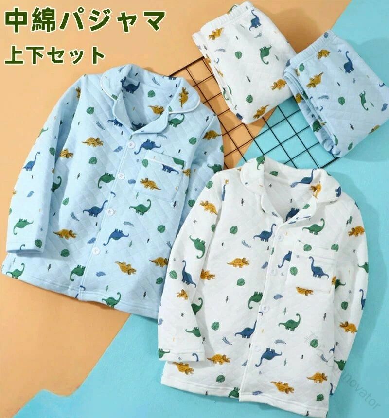 樂天商城 - 恐竜がおやすみを迎える キッズの冒険パジャマ 肌に優しい綿100％ 冬の夜を温かく包む ボタンで簡単着脱 プレ おうち時間を楽しく彩る 成長サイズ対応 はじめての一人寝も安心