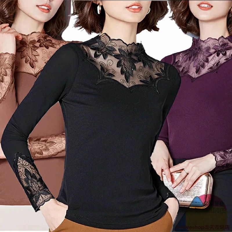 Blouses - レディース シースルー レース トップス フォーマル カットソー ブラウス 長袖 デコルテ ハイネック 立ち襟 生地 秋冬 春 大人 きれいめ 30代 ミセス オフィス シアートップス