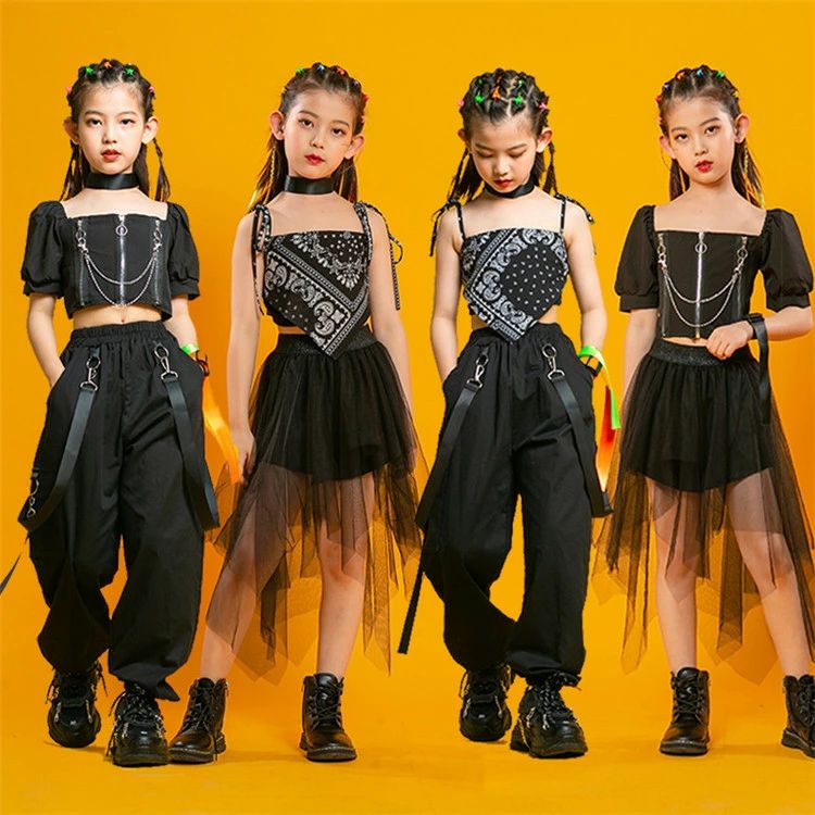 キッズダンス ダンス衣装 セットアップ 黒 ヒップホップ チュール スカート へそ出し 女の子 トップス ペイズリー 肩出し ガールズ チアガール 演出服 ジュニア 原 団体服 kpop ダンス