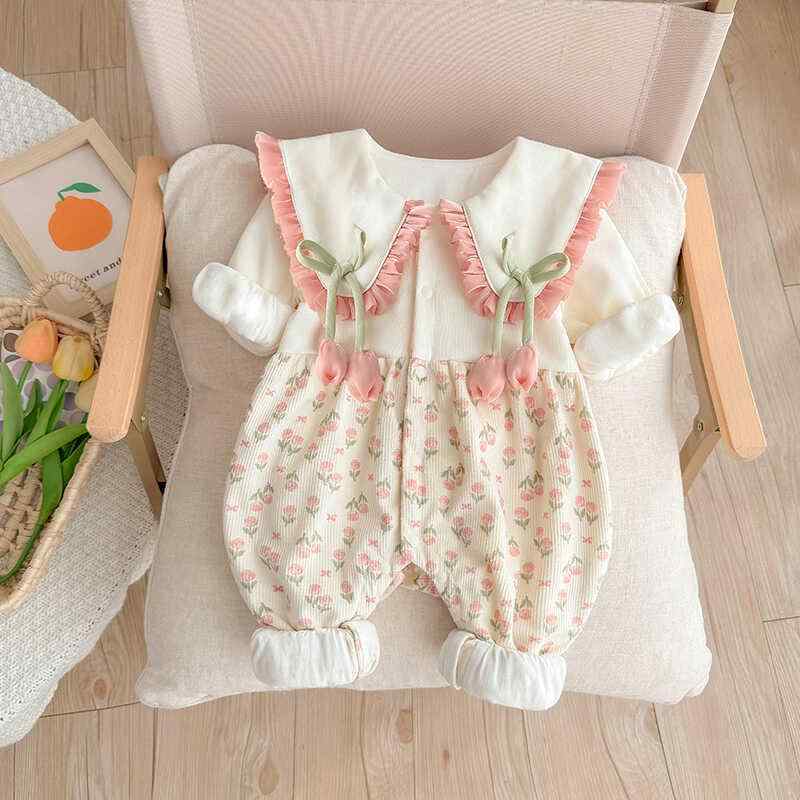 樂天商城 - カバーオール 1歳 春 秋 チューリップ ベビー 花柄 お出かけ 新生児 乳児 外出 ガーリー フリル おしゃれ ロンパース 女の子 快適