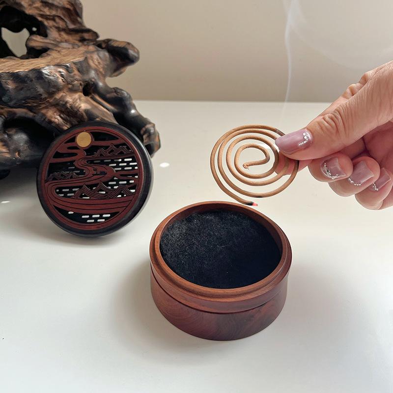 香炉 お香立て 紫檀 黄銅製 二層式 渦巻き線香用 禅風 手作り 瞑想 リラックス 癒し インテリア 置物 書斎 和室 オブジェ